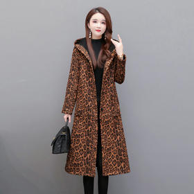 WE-BB20B27 豹纹连帽貂绒大衣女中长款过膝2020秋冬新款修身加厚保暖毛呢外套