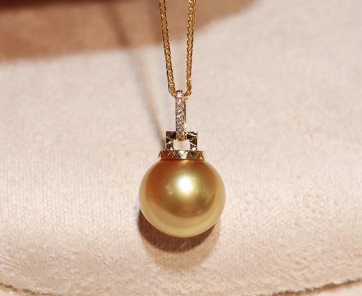 金珠吊坠特秒不议退天然浓金色南洋珍珠吊坠18k金钻石镶嵌珠子近正圆
