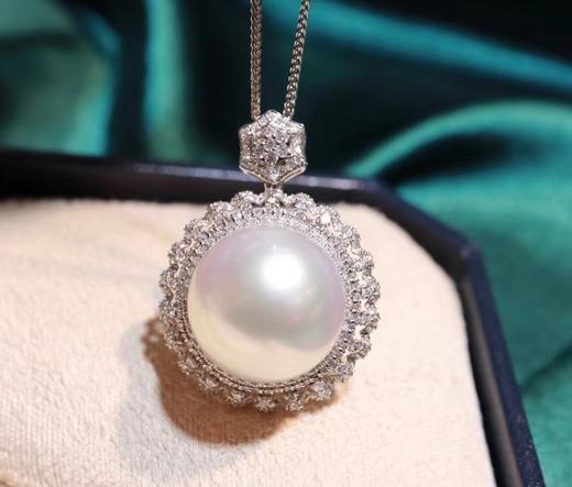 天然豪镶款澳白珍珠吊坠18k金钻石镶嵌珠子正圆强光微微瑕带暖暖的粉