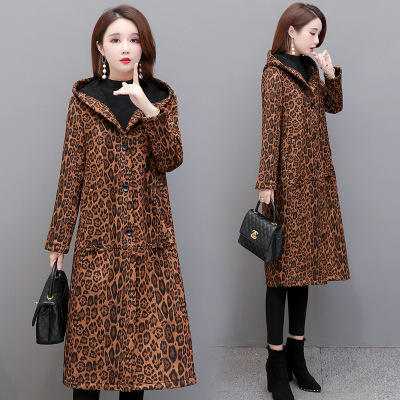 WE-BB20B27 豹纹连帽貂绒大衣女中长款过膝2020秋冬新款修身加厚保暖毛呢外套 商品图2