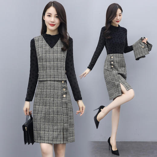 CQ-QY20920新款韩版时尚优雅气质拼接连衣裙两件套TZF 商品图2