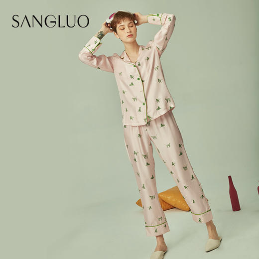 桑罗猫咪印花睡衣套装简约长袖长裤桑蚕丝家居服女 商品图0