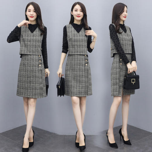 CQ-QY20920新款韩版时尚优雅气质拼接连衣裙两件套TZF 商品图1