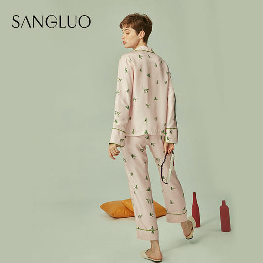 桑罗猫咪印花睡衣套装简约长袖长裤桑蚕丝家居服女 商品图2
