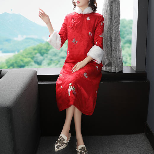 冬款旗袍加绒加厚保暖毛呢连衣裙(货号 yfn0255)