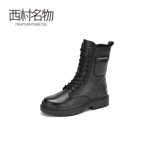 西村名物2020冬季新款朋克风潮流系带加绒马丁靴牛皮革平底女靴X20DC42141 商品图1
