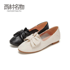 西村名物2020秋季新款复古圆头蝴蝶结奶奶鞋牛皮革平底单鞋X20CM32551