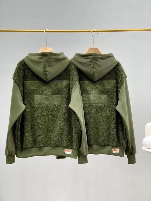 d1028186秋冬新品时尚百搭刺绣墨绿色羊羔绒情侣拼接连帽卫衣