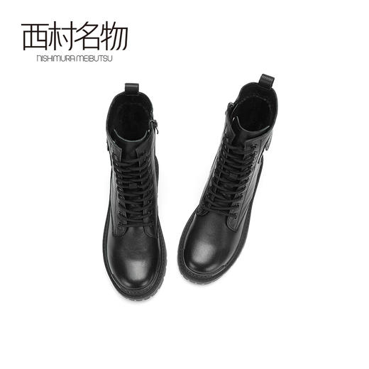 西村名物2020冬季新款朋克风潮流系带加绒马丁靴牛皮革平底女靴X20DC42141 商品图3