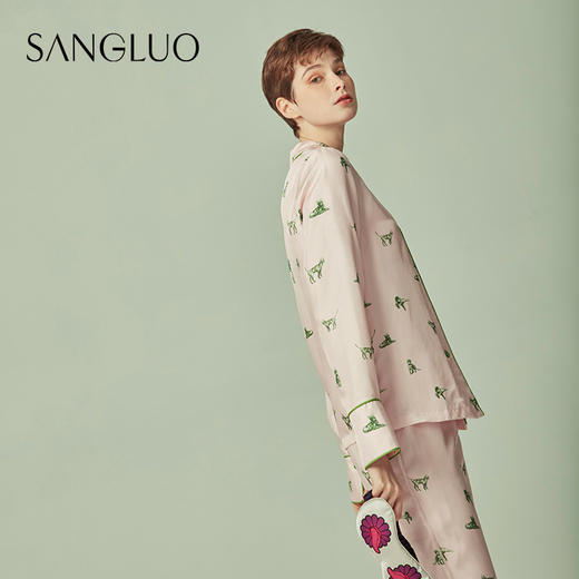 桑罗猫咪印花睡衣套装简约长袖长裤桑蚕丝家居服女 商品图3