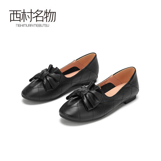 西村名物2020秋季新款复古圆头蝴蝶结奶奶鞋牛皮革平底单鞋X20CM32551 商品图4