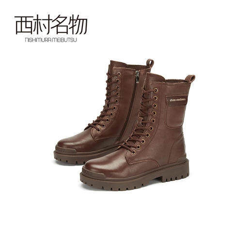 西村名物2020冬季新款朋克风潮流系带加绒马丁靴牛皮革平底女靴X20DC42141 商品图4