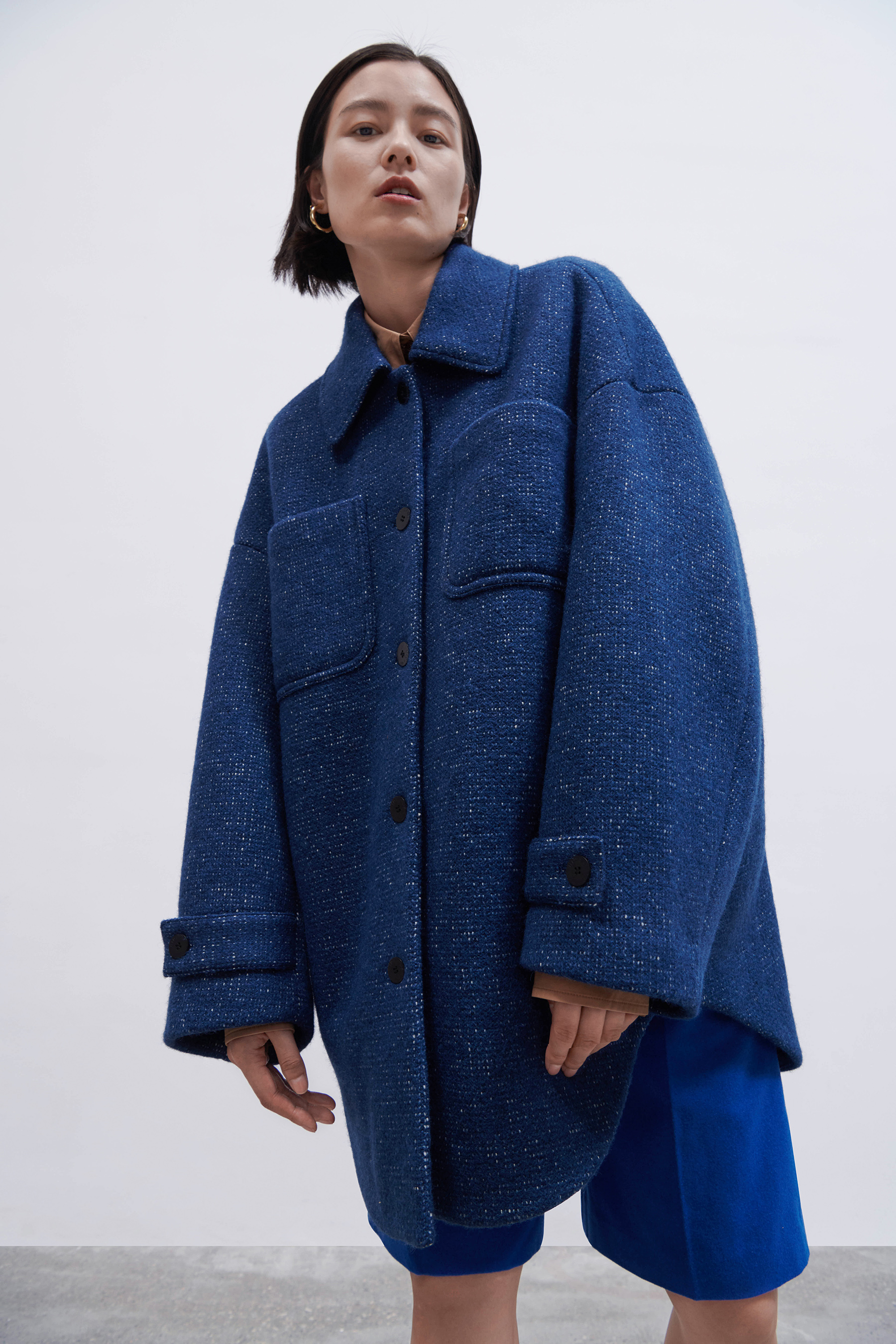 HIDEMI日本加厚粗花呢口袋设计感衬衫式羊毛大衣