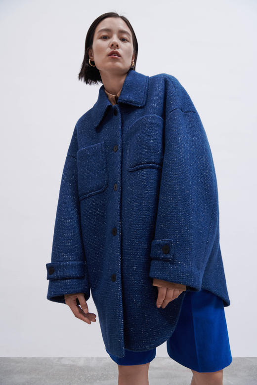 HIDEMI日本加厚粗花呢口袋设计感衬衫式羊毛大衣 商品图0