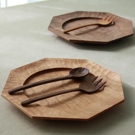 自然木作系列 樱桃木黑胡桃正八角手工雕刻木盘