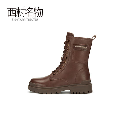 西村名物2020冬季新款朋克风潮流系带加绒马丁靴牛皮革平底女靴X20DC42141 商品图2