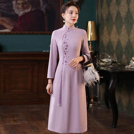 XGT2444高端新款改良弹力针织复古绣花中长A摆旗袍连衣裙 商品图1