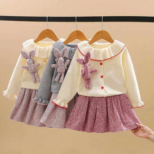 ALQ-2113女童针织两件套洋气小兔子中大童毛衣开衫+百褶裙套装 商品图1