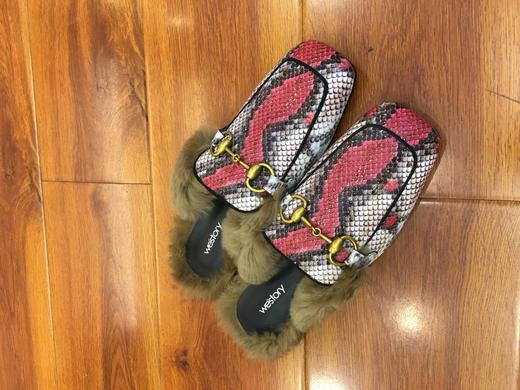 westory秋冬新品蛇纹兔毛方头毛毛拖鞋女休闲百搭W29CM70401 商品图3