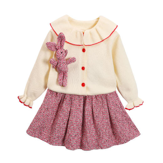 ALQ-2113女童针织两件套洋气小兔子中大童毛衣开衫+百褶裙套装 商品图4