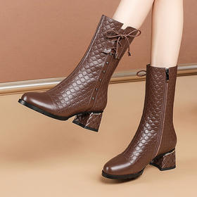 KBY-GLS3028粗跟圆头中筒靴女真皮大码加绒保暖中跟女靴