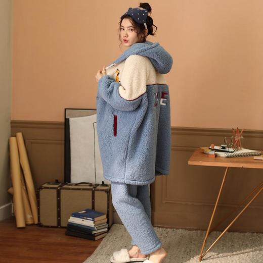 【睡衣女】*冬季加厚羊羔绒连帽中长款睡袍可爱卡通韩版家居服套装 商品图1