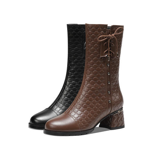 KBY-GLS3028粗跟圆头中筒靴女真皮大码加绒保暖中跟女靴 商品图3