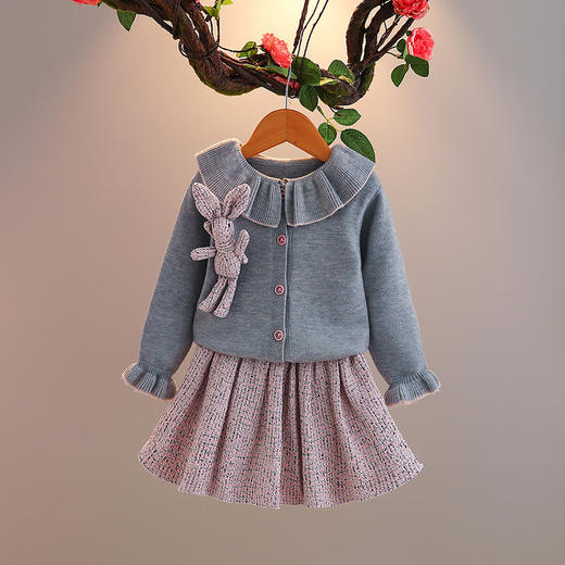 ALQ-2113女童针织两件套洋气小兔子中大童毛衣开衫+百褶裙套装 商品图0