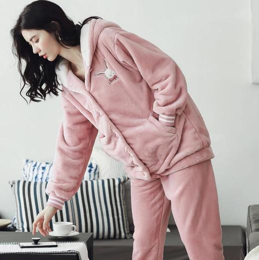 【睡衣女】*睡衣女秋冬季法兰绒套装 活泼可爱小兔子连帽女士家居服套装 商品图3