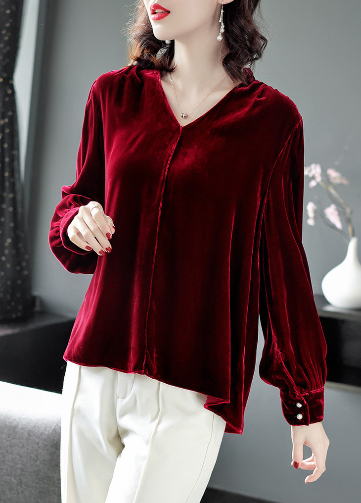 ly 285真丝绒衬衫时尚v领重磅真丝丝绒宽松显瘦上衣