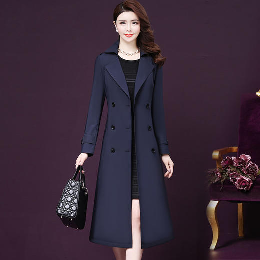 WXY-W-AHH-817X秋装修身显瘦双排扣收腰中长款大码百搭女风衣外套 商品图0