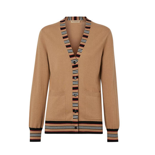 【二】BURBERRY 巴宝莉 女士条纹图案美利奴羊毛针织衫 卡其色 8010606 A1420 商品图0