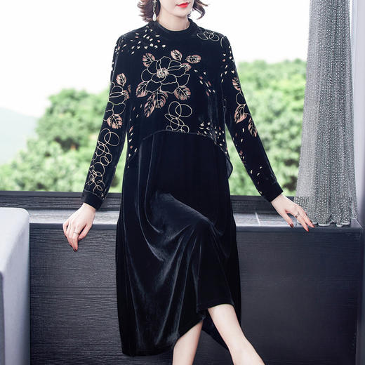 AHM  fls8820金丝绒连衣裙时尚气质优雅显瘦烧花裙 商品图2