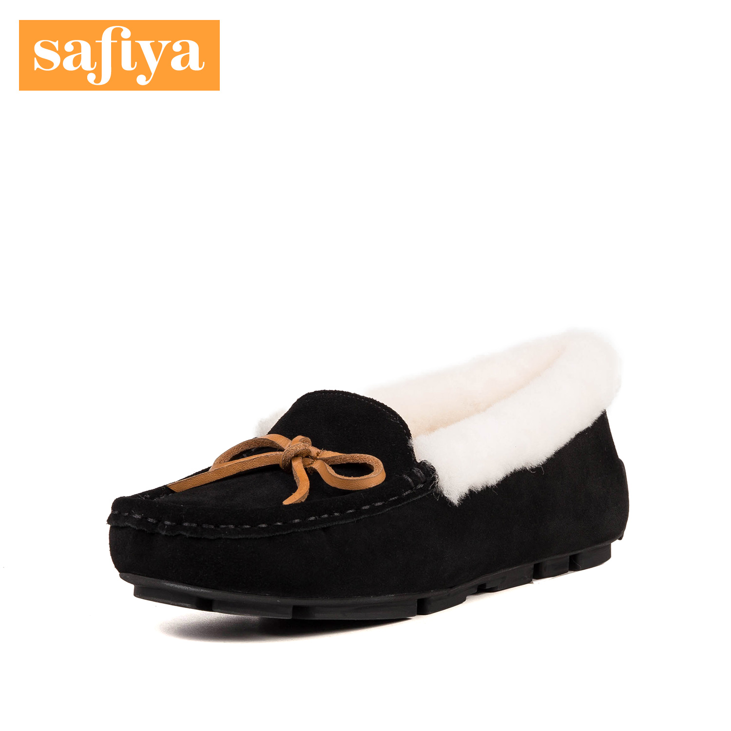Safiya索菲娅冬季时尚蝴蝶结毛里豆豆鞋平底舒适单鞋女SF83111086