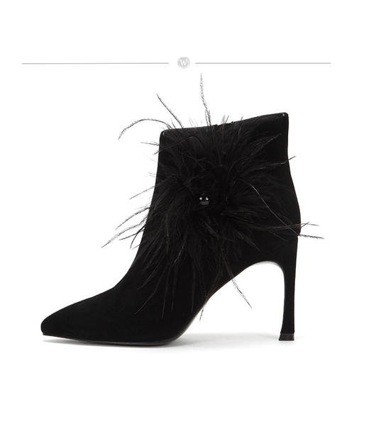 westory商场专柜同款羊皮尖头鸵鸟毛装饰时髦百搭职场社交高跟短靴W284S80721 商品图1