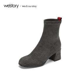 westory商场专柜同款秋冬短靴瘦瘦靴粗跟弹力布女靴冬W284S81021