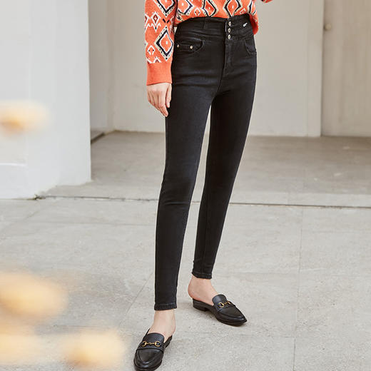 欧芮儿高腰显瘦休闲裤女新款修身黑色打底铅笔裤 商品图0