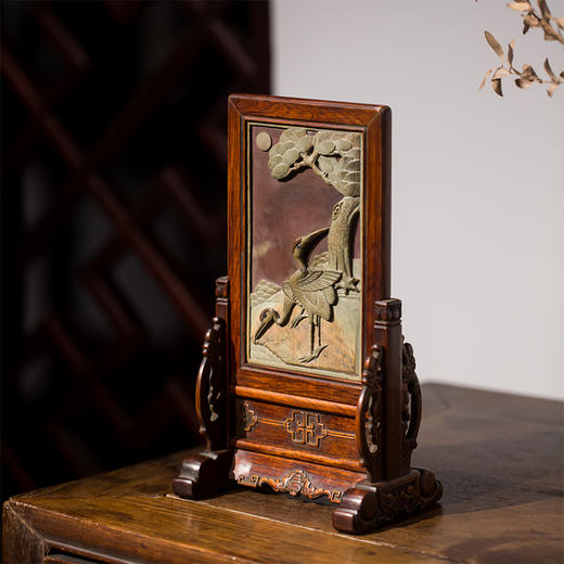 清黄花梨嵌祁阳石松鹤图砚屏