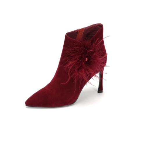 westory商场专柜同款羊皮尖头鸵鸟毛装饰时髦百搭职场社交高跟短靴W284S80721 商品图2