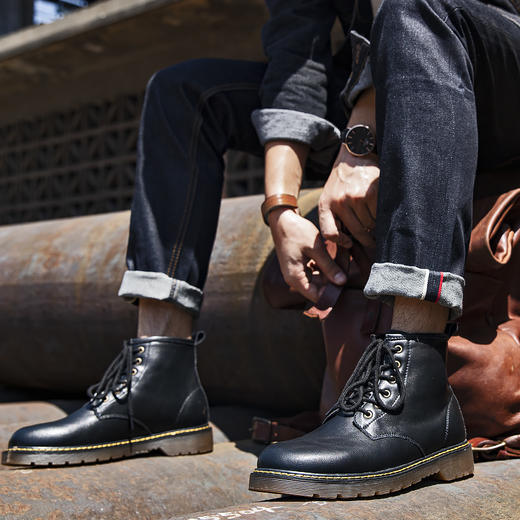 黑色马丁靴男鞋冬季百搭高帮皮靴子加绒雪地靴中帮英伦风工装鞋 商品图5