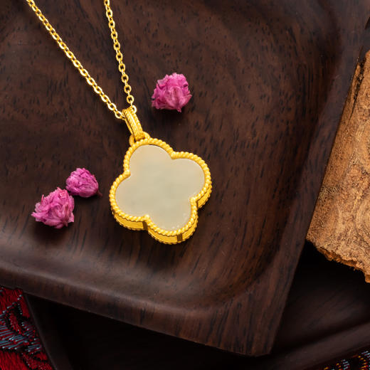 【宏艺珠宝】幸运四叶草·和田玉925银项坠(不含链)