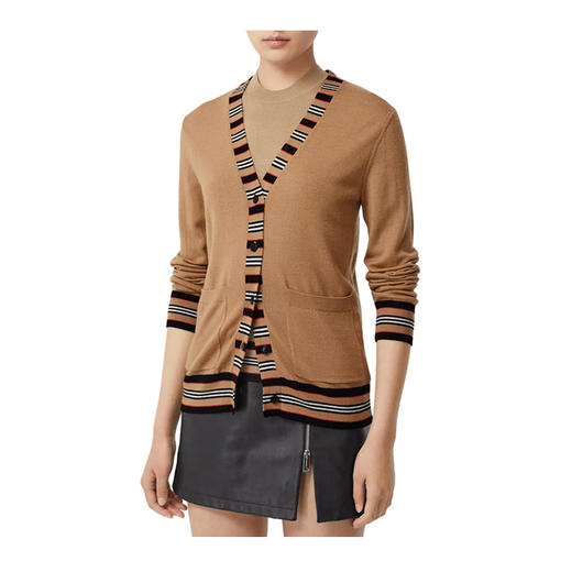 【二】BURBERRY 巴宝莉 女士条纹图案美利奴羊毛针织衫 卡其色 8010606 A1420 商品图1