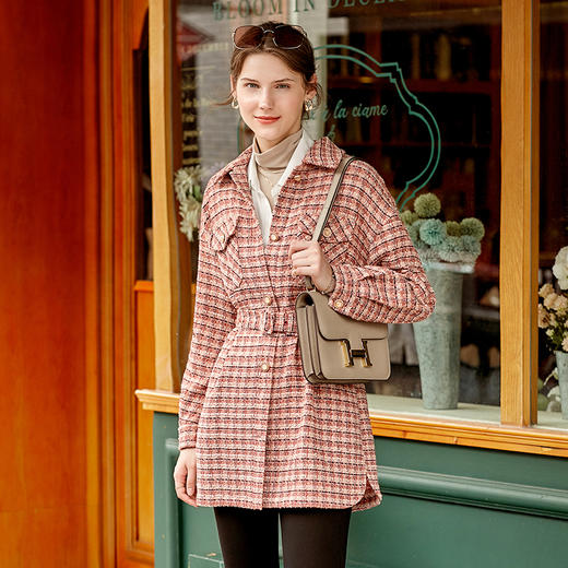 欧芮儿法式优雅衬衫式长款外套女2022春装新款翻领粉色大衣 商品图1