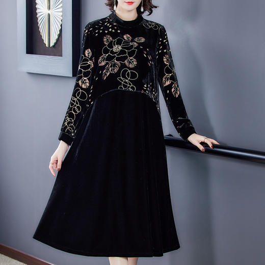 AHM  fls8820金丝绒连衣裙时尚气质优雅显瘦烧花裙 商品图1