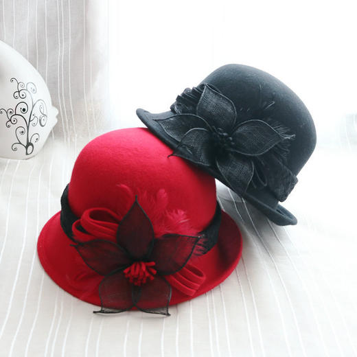 BL-韩国秋冬新版羊毛呢礼帽麻纱羽毛花朵卷边盆帽女士优雅遮阳时装帽 商品图2