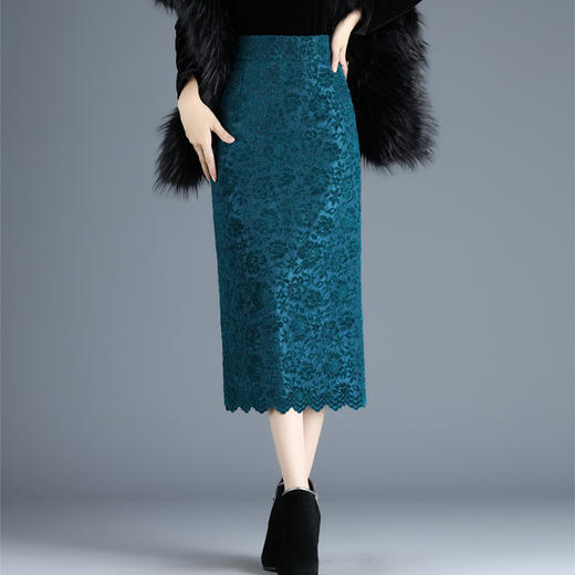 TY-8632秋冬植绒蕾丝裙半身裙女2020新款高腰修身包臀裙中长款开叉一步裙 商品图0