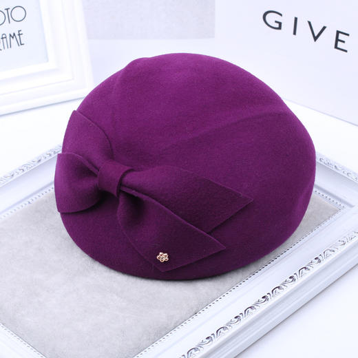 LYX-韩国女士羊毛呢帽子秋冬新款英伦复古蝴蝶结高贵礼帽贝雷帽空姐帽 商品图0