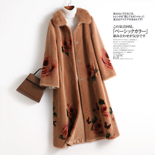 FS-5W20170羊剪绒大衣女中长款大码玫瑰印花羊毛皮草水貂毛领外套 商品图4