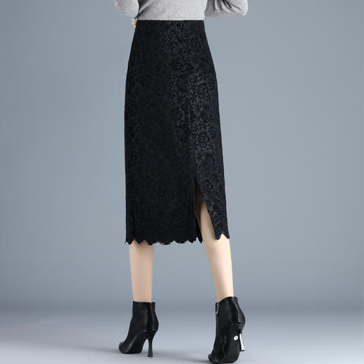 TY-8632秋冬植绒蕾丝裙半身裙女2020新款高腰修身包臀裙中长款开叉一步裙 商品图2