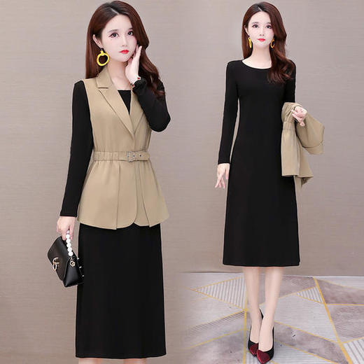 YW-YJY-Q8856时尚修身气质减龄马甲外套长袖连衣裙两件套 商品图3